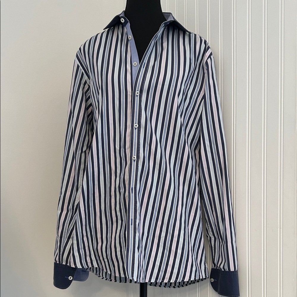 Rococo Sand Navy and White Striped Button-Down Shirt